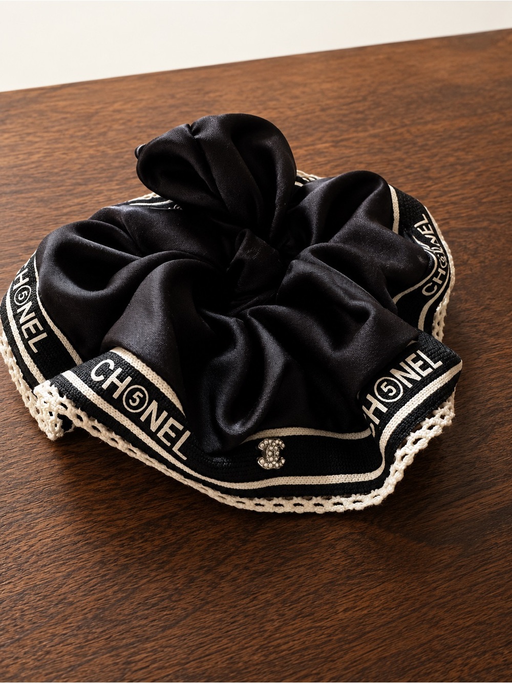 Black Satin Logo-Trim Scrunchie with Crochet Edge